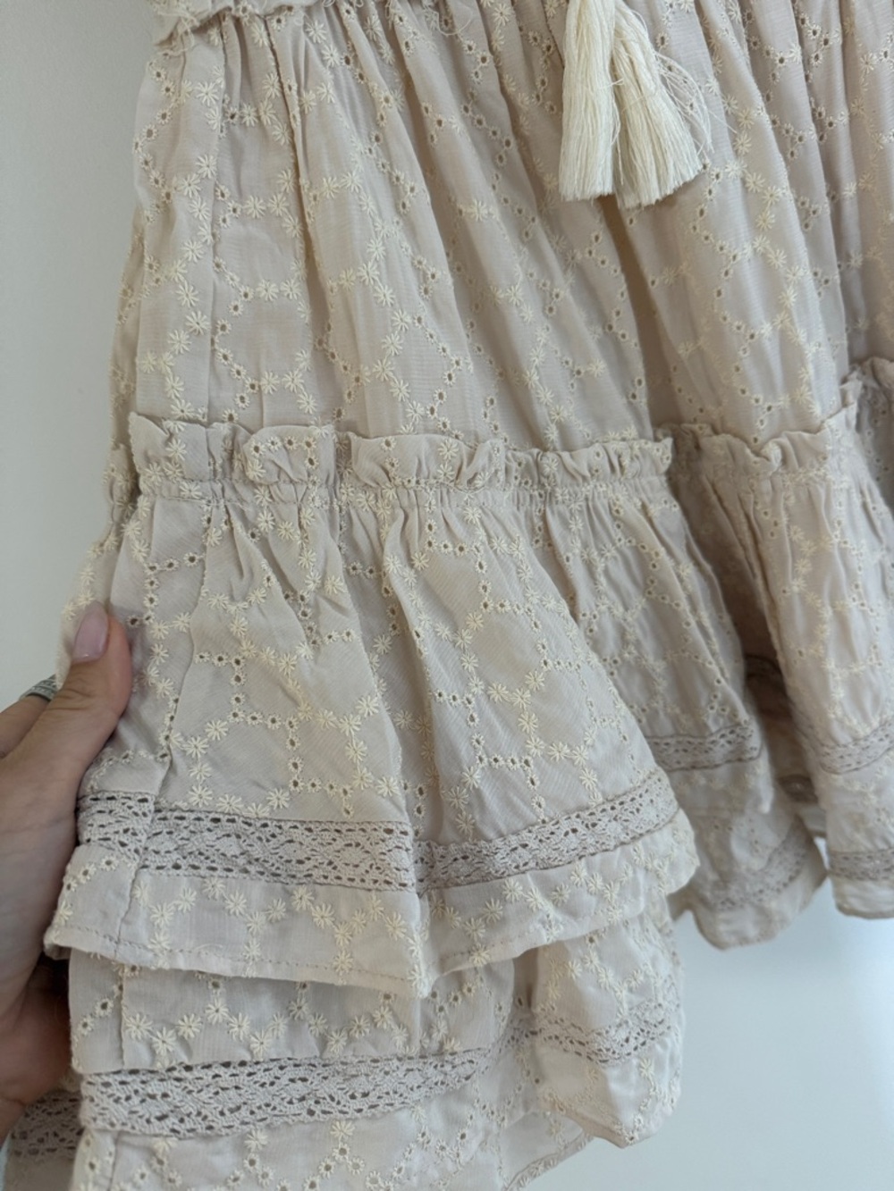Textured Cream Mini Dress with Ruffle Hem - Picture 5 of 5